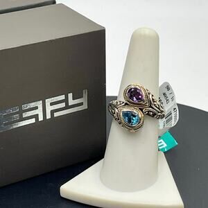 Effy Balissima Sterling Silver 18k Blue Topaz Amethyst Gemstones Bypass Ring 7.5